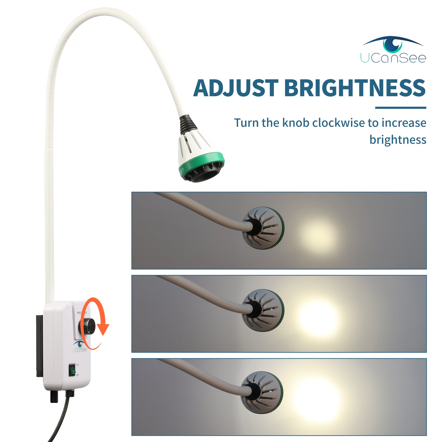 LED Examination Light with 3×3W LEDs, Dimmable Brightness, Flexible Gooseneck & Floor Stand