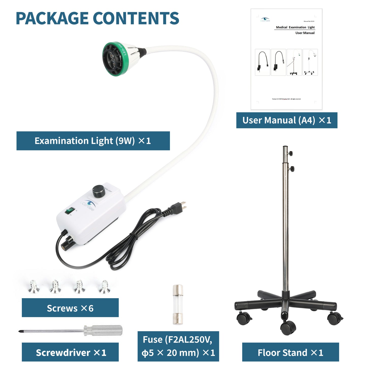 LED Examination Light with 3×3W LEDs, Dimmable Brightness, Flexible Gooseneck & Floor Stand