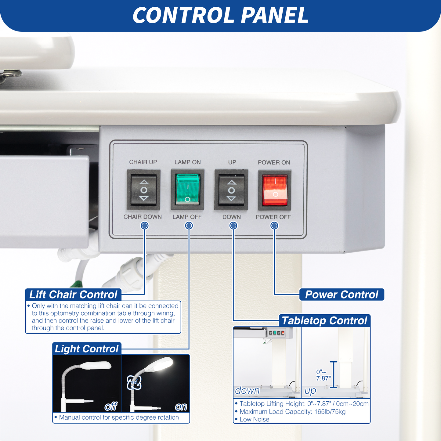 Ophthalmic Combination Table Optometrist Motorized Lift Work Table(35.2" x 18.9")