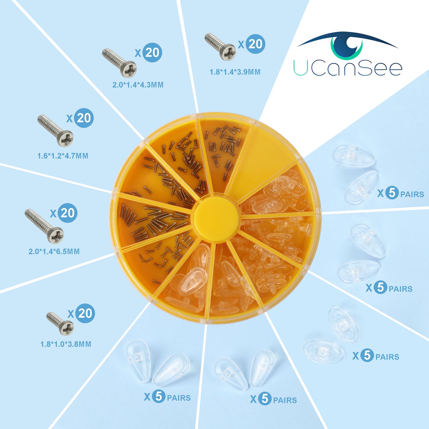 UCanSee Brillen-Reparatur-Werkzeugsatz mit 6 Brillen-Anpasszangen, 10 Brillen-Schraubendrehern und Reparaturzubehör, einschließlich 50 Nasenpads und 100 Brillenschrauben