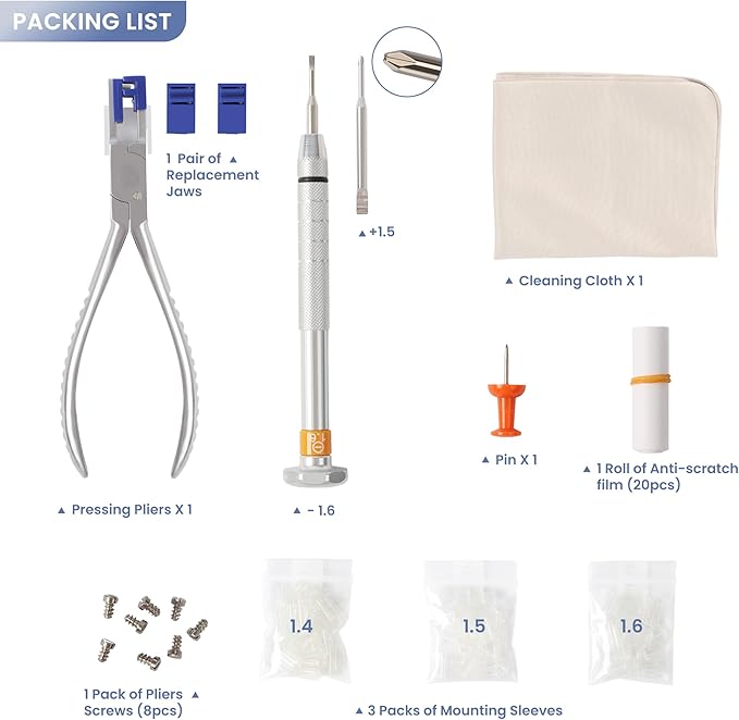 UCanSee Reparaturset für randlose Brillen – Enthält eine Zange, 2 Paar Gummibacken und 3 Größen von Montagehülsen (1,4/1,5/1,6)