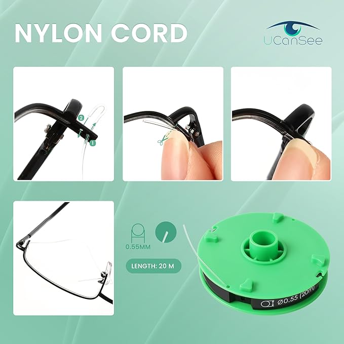 UCanSee Reparaturset für halbrandlose Brillen – inkl. Haken zur Linseninstallation und 20 m langer Nylonschnur (0,55 mm Durchmesser)