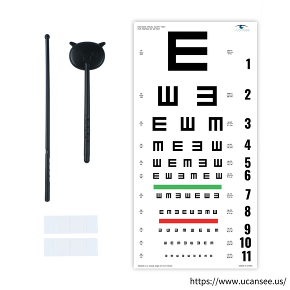 UCanSee E Eye Chart Visual Acuity Chart (22x11 Inches) with Eye Occluder and Pointer for Eye Exams 20 Feet