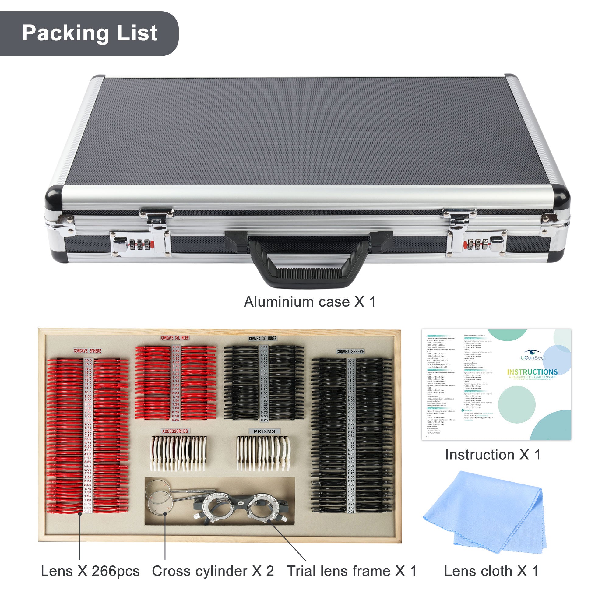 UCanSee® 266 Trial Lens Set Optical Kit Aluminum Case Plastic Rim Grad
