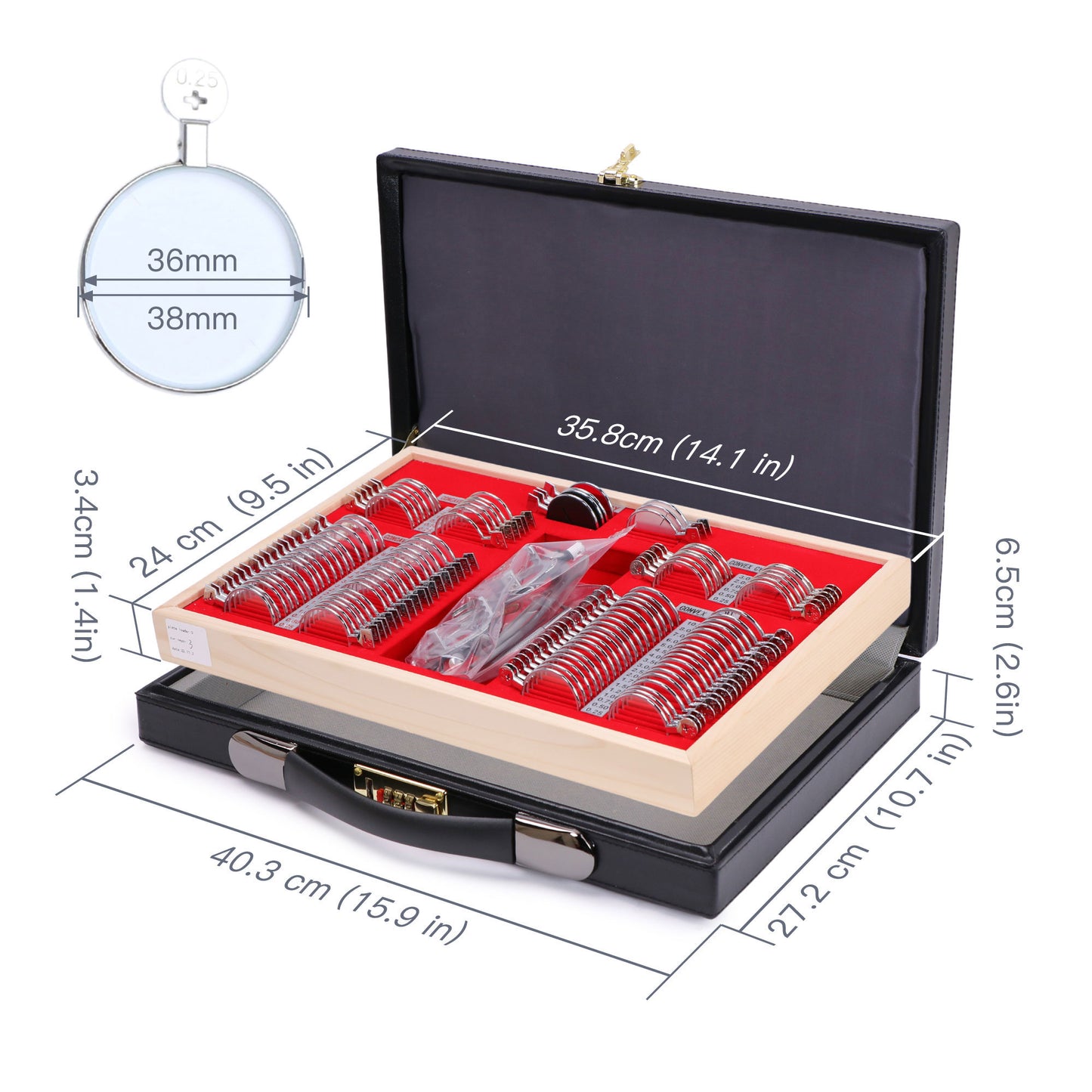 UCanSee® 104-teiliges Testlinsen-Set, Optometrie-Set, PU-Etui, Klasse A
