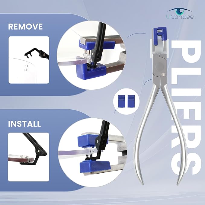 UCanSee Rimless Glasses Repair Kit – Includes Plier, 2 Pairs of Rubber Jaws, and 3 Sizes of Mounting Sleeves (1.4/1.5/1.6)