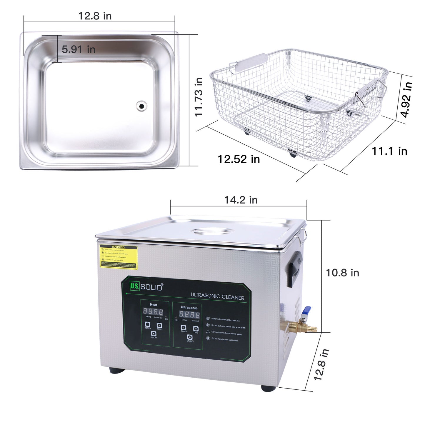 Limpiador ultrasónico de acero inoxidable sólido de 40 kHz de 15 l de EE. UU.
