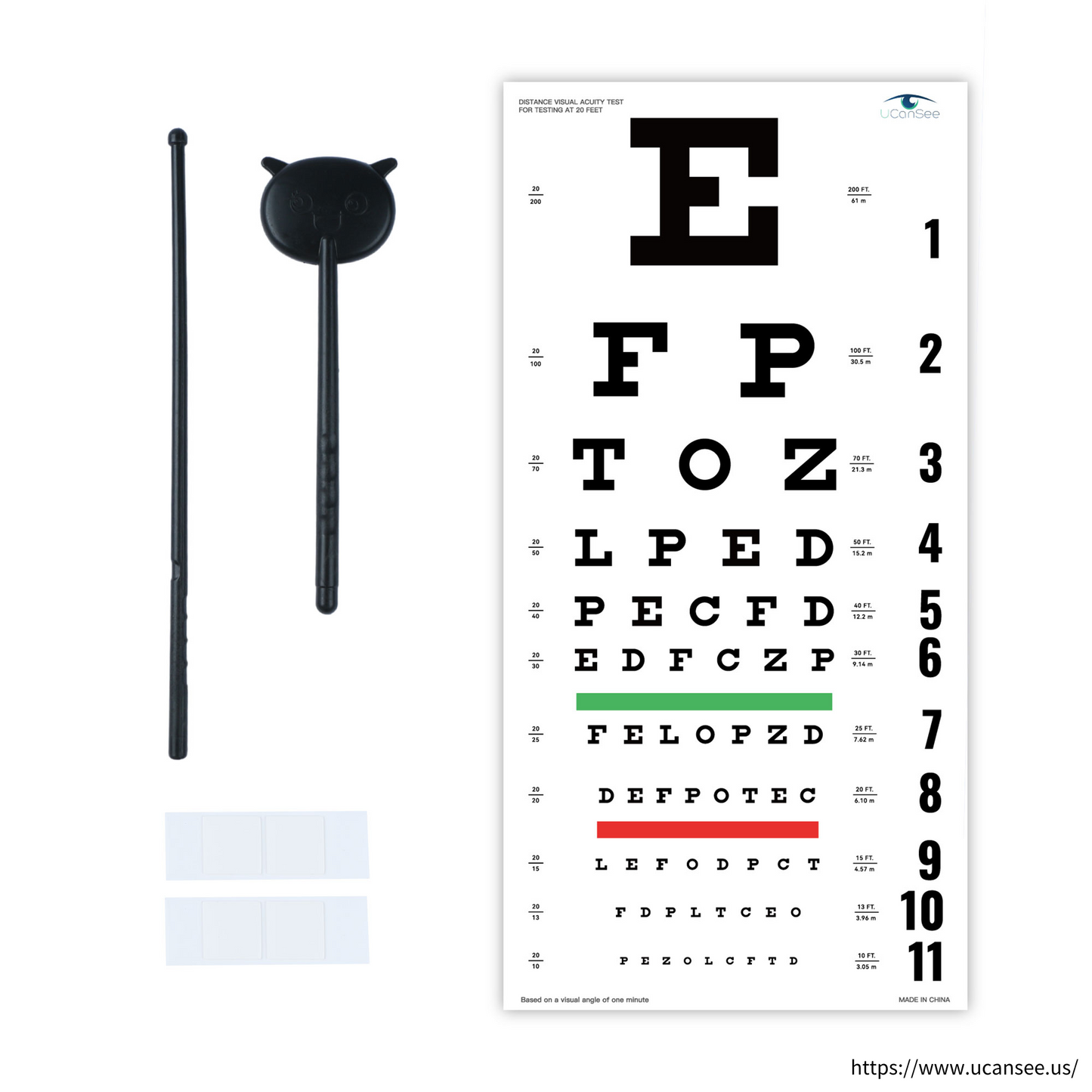 Tabla de agudeza visual UCanSee Snellen (22 x 11 pulgadas) con oclusor ocular y puntero para exámenes de la vista de 20 pies