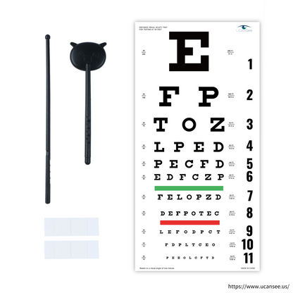 Tabla de agudeza visual UCanSee Snellen (22 x 11 pulgadas) con oclusor ocular y puntero para exámenes de la vista de 20 pies