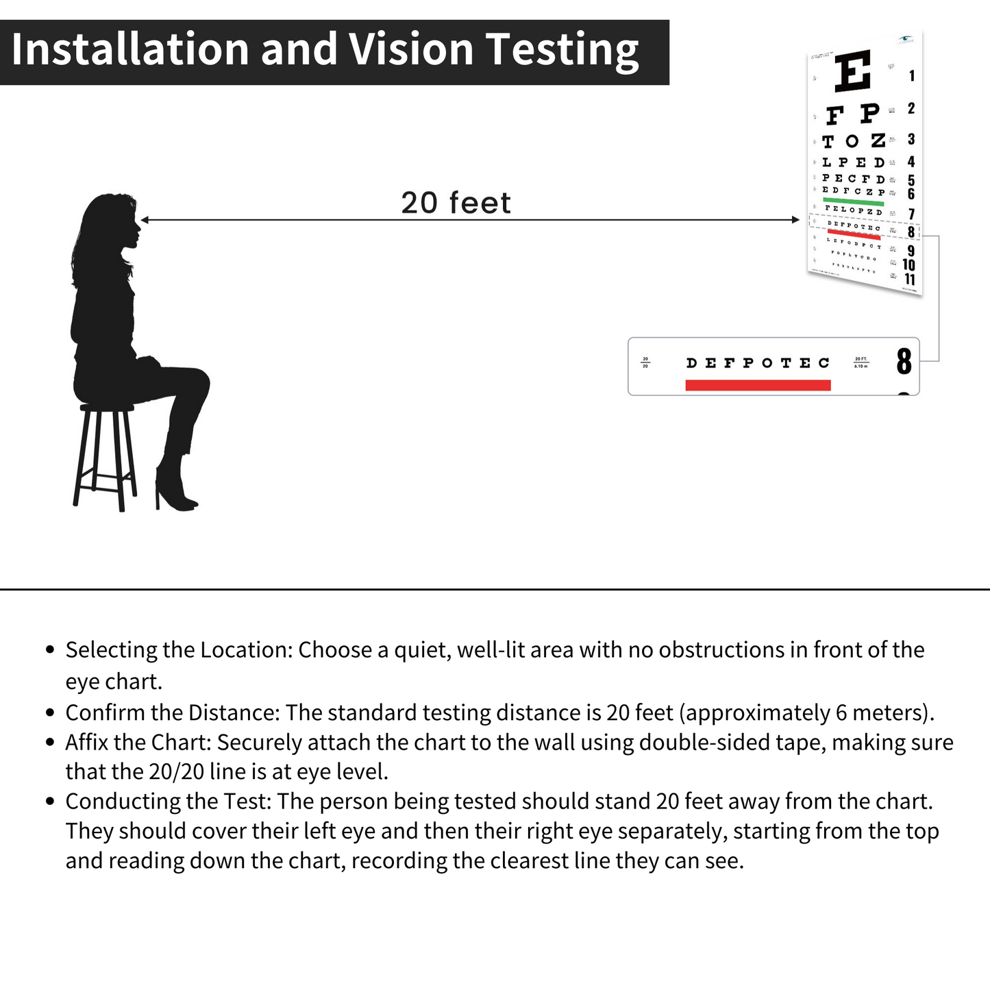 Tabla de agudeza visual UCanSee Snellen (22 x 11 pulgadas) con oclusor ocular y puntero para exámenes de la vista de 20 pies
