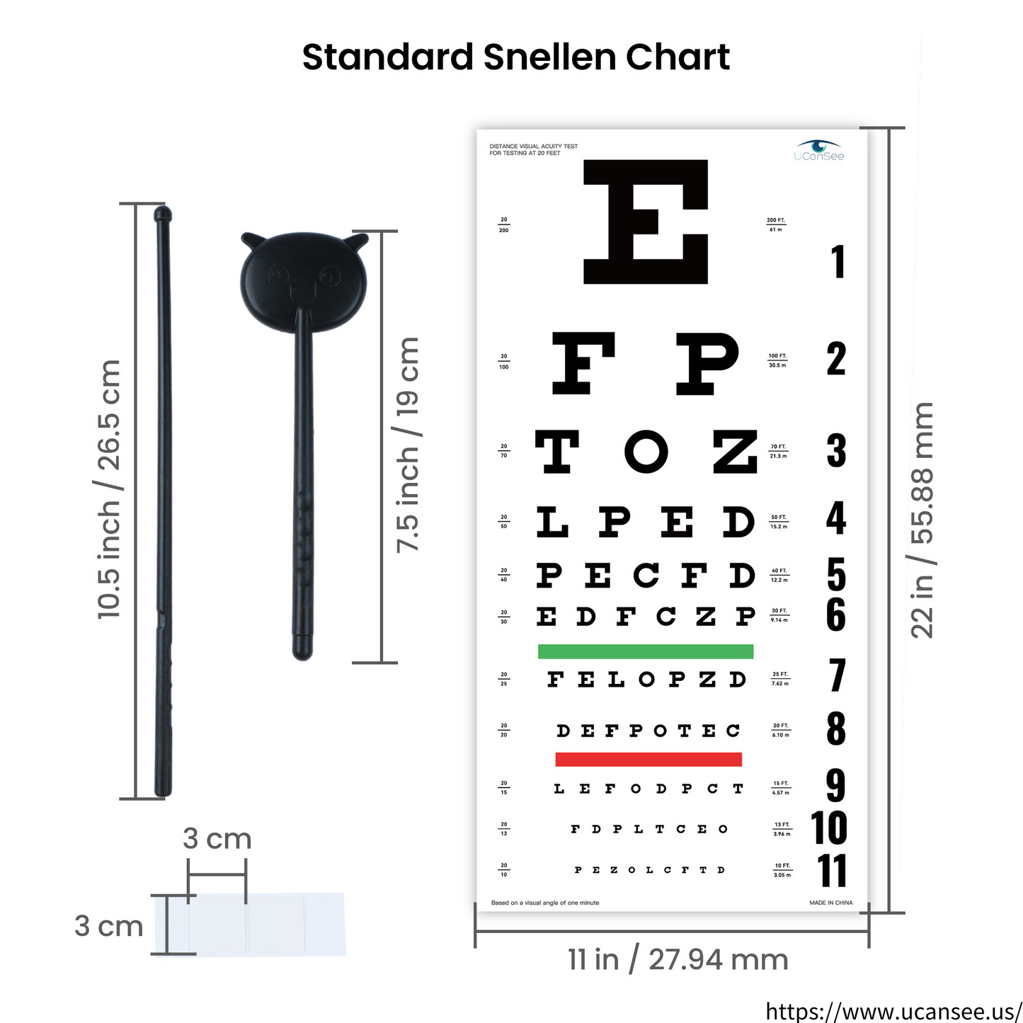 Tabla de agudeza visual UCanSee Snellen (22 x 11 pulgadas) con oclusor ocular y puntero para exámenes de la vista de 20 pies