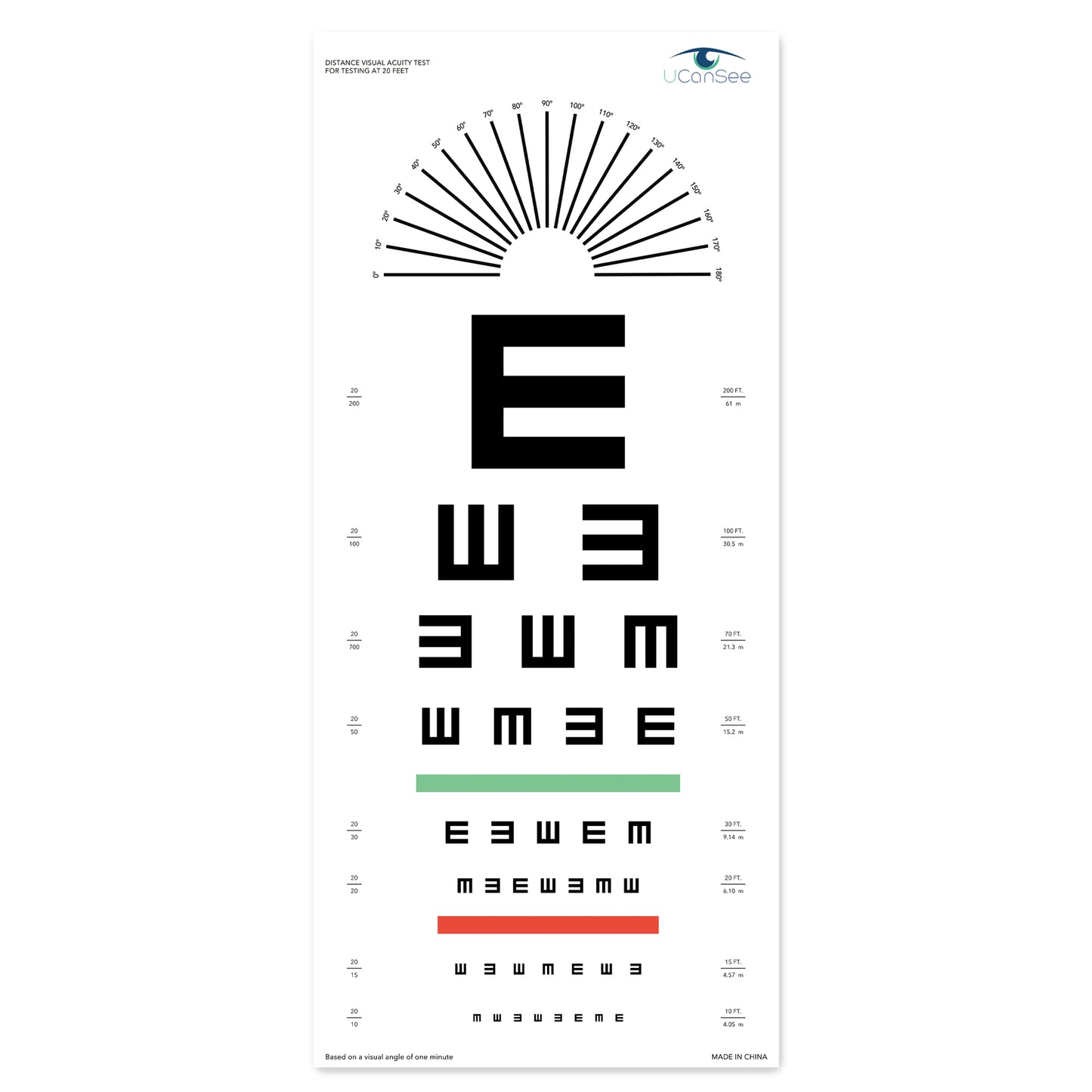Tabla de agudeza visual UCanSee E con dial de astigmatismo para exámenes de la vista, 20 pies (11 x 24 pulgadas)