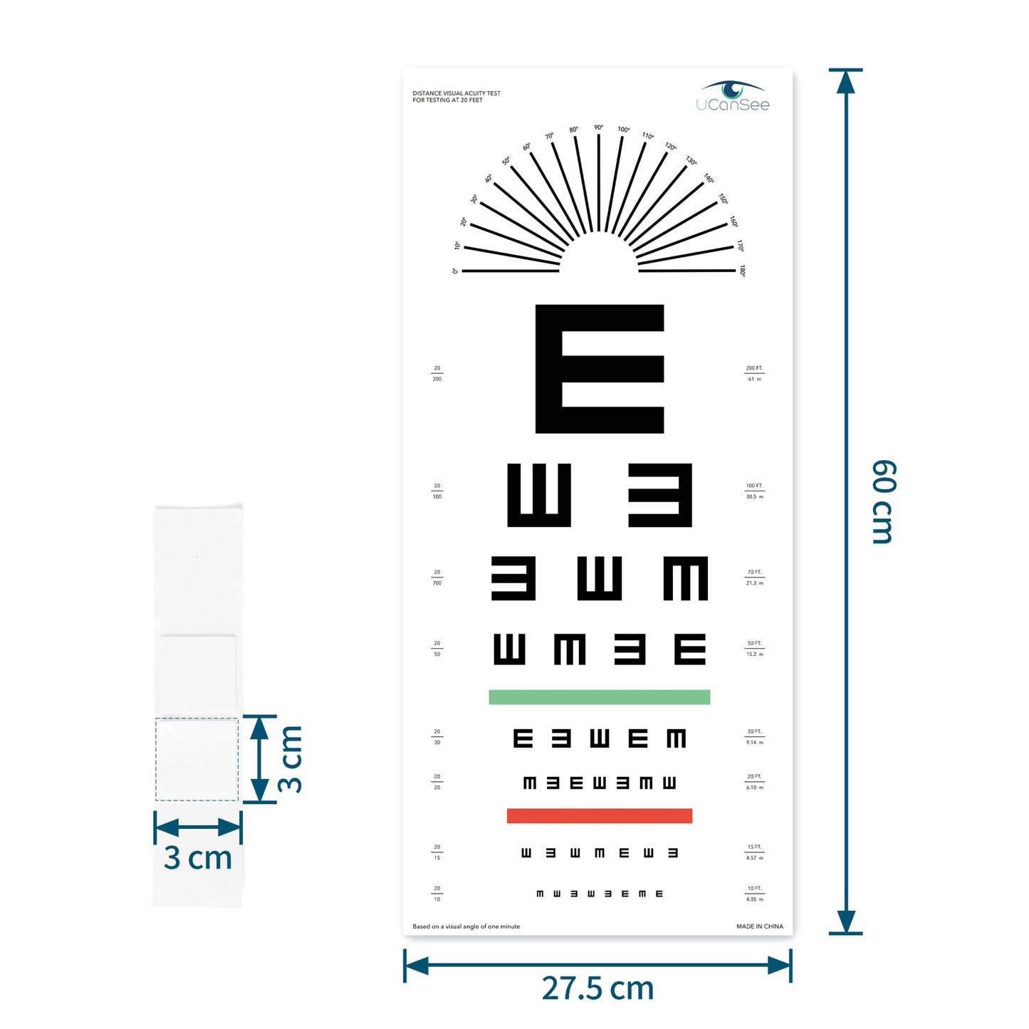 Tabla de agudeza visual UCanSee E con dial de astigmatismo para exámenes de la vista, 20 pies (11 x 24 pulgadas)