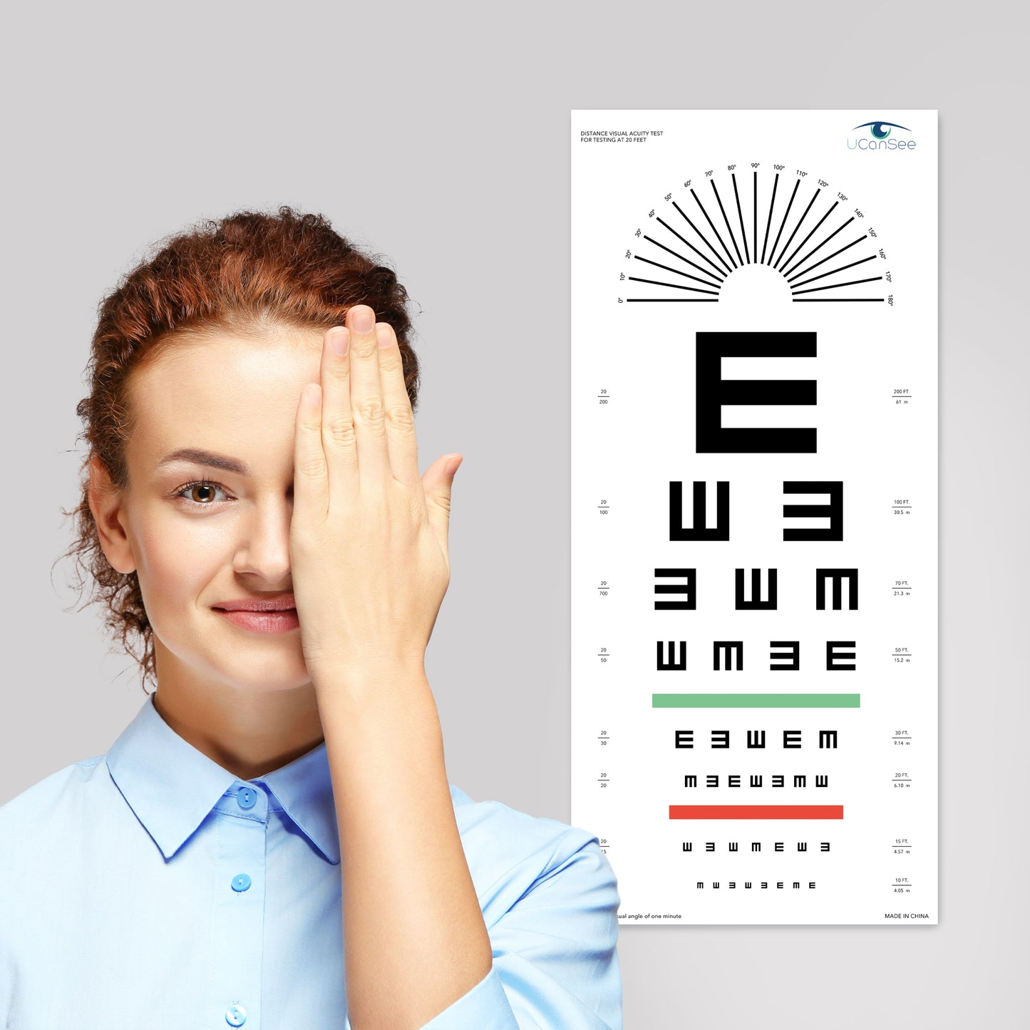 Tabla de agudeza visual UCanSee E con dial de astigmatismo para exámenes de la vista, 20 pies (11 x 24 pulgadas)