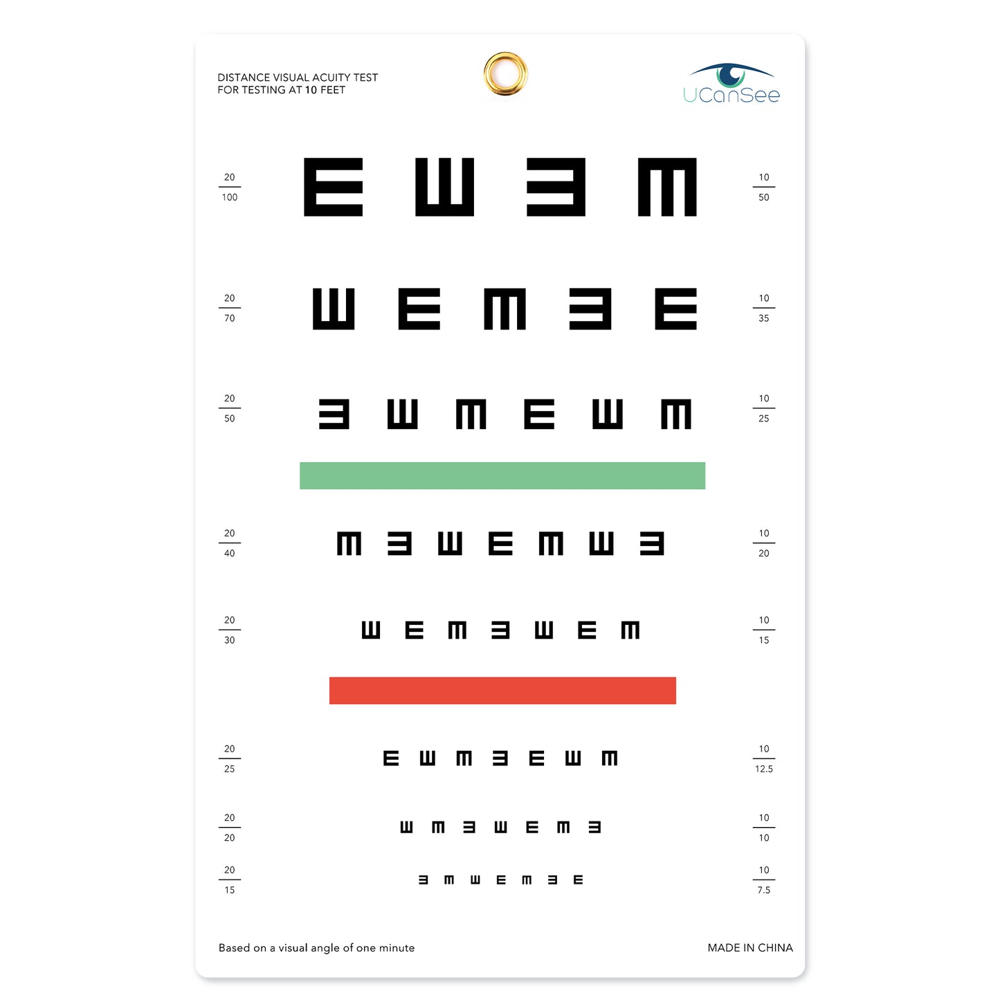Tabla de agudeza visual UCanSee E para exámenes de la vista, 10 pies (9 x 14 pulgadas)