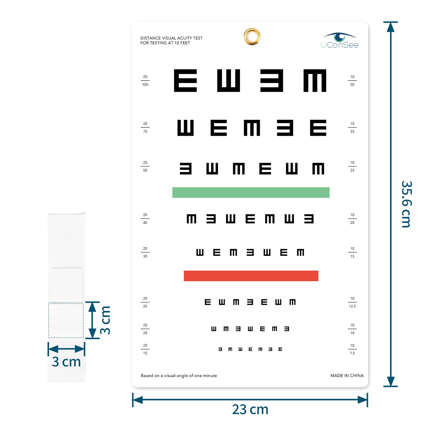 Tabla de agudeza visual UCanSee E para exámenes de la vista, 10 pies (9 x 14 pulgadas)